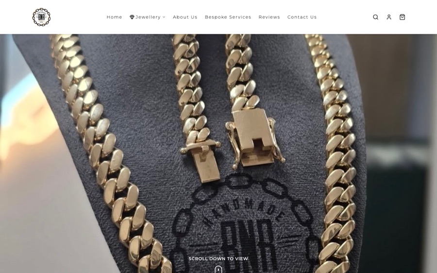 Screenshot of the BNR Jewellers website homepage, showing gold jewellery product photography