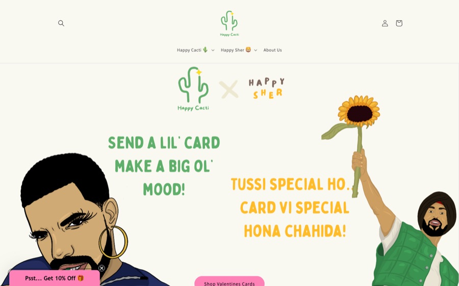 Screenshot of the Happy Cacti online store homepage