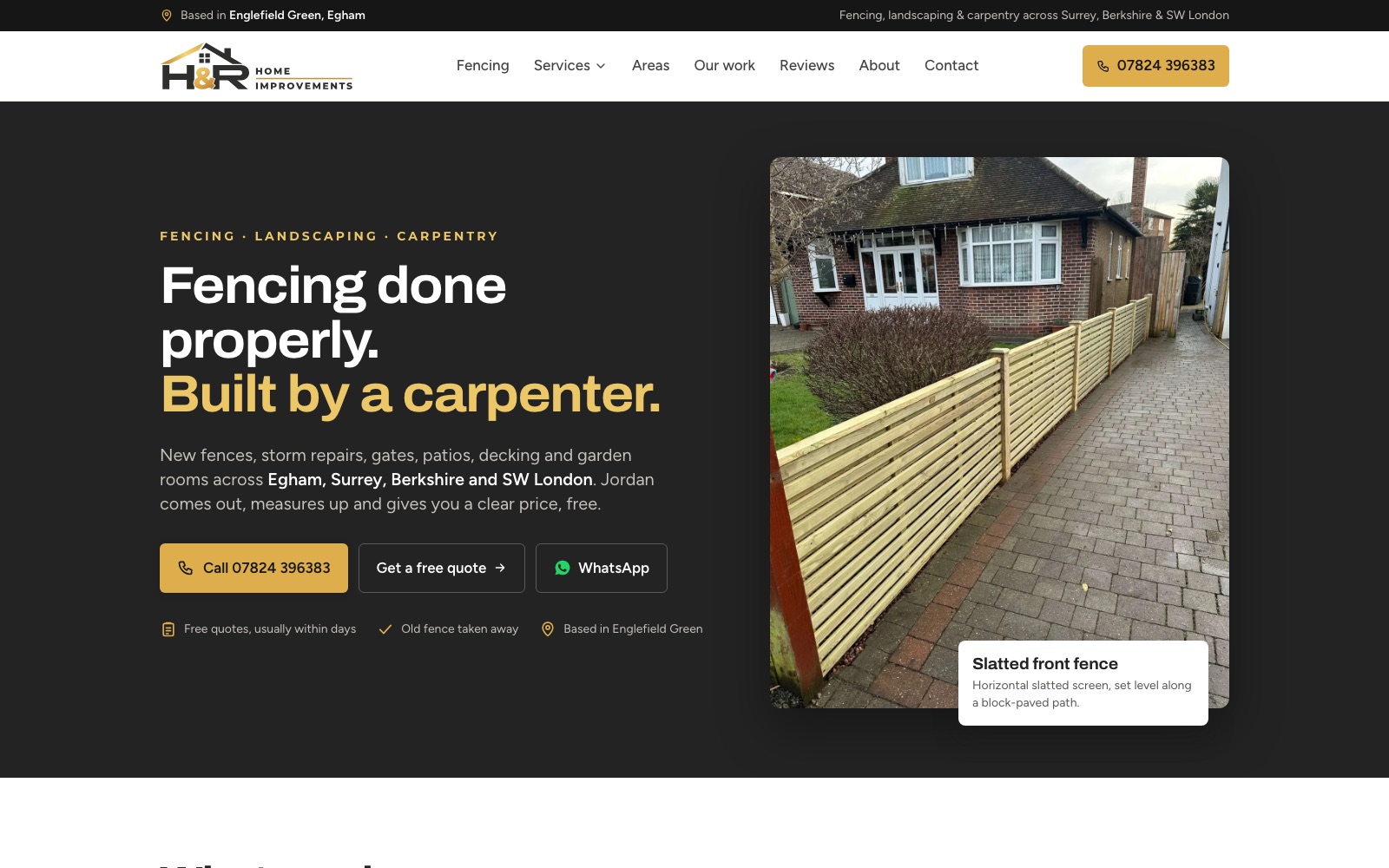 Screenshot of the H&R Home Improvements website homepage