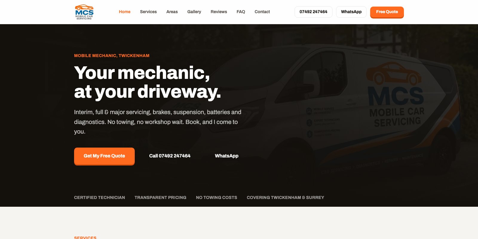 Screenshot of the MCS Mobile Car Servicing website homepage